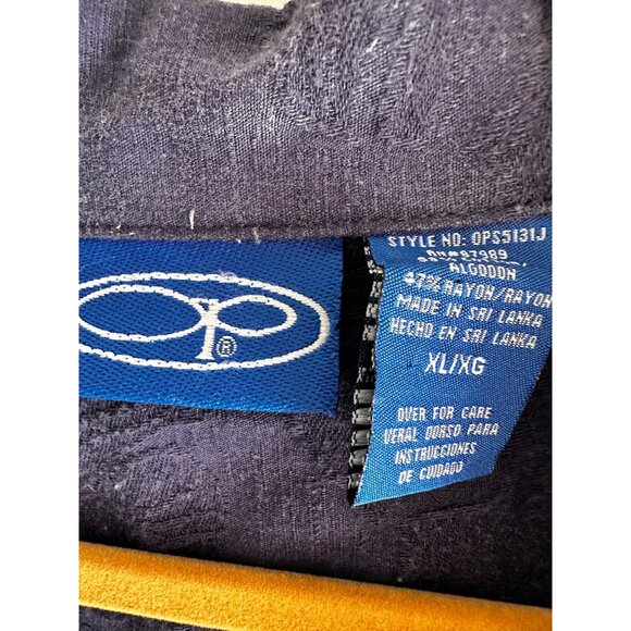 OP Size Xl  Navy Blue Short-Sleeve Button-Up Floral Solid Rayon Cotton Shirt - Picture 5 of 8